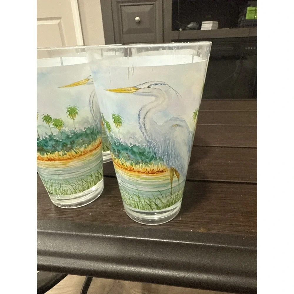 Set of 4 Heron Egret Bird Coastal Beach Plastic Tumbler Cups Glasses